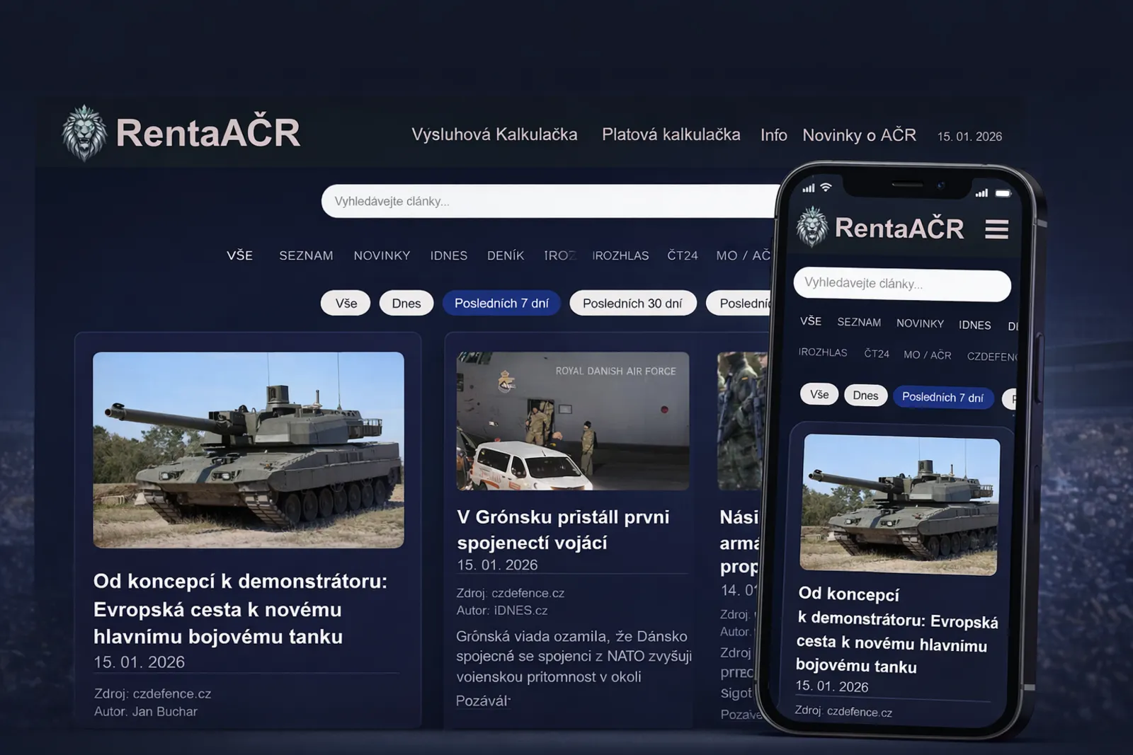Náhled aplikace Renta AČR - desktop a mobil